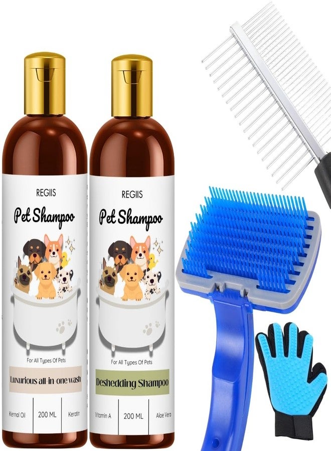 مجموعة ريجيس للعناية بالحيوانات الأليفة مع شامبو لإزالة الشعر الزائد، غسول فاخر شامل، فرشاة ذاتية التنظيف، قفاز للعناية، 200 مل، للكلاب والقطط (عبوة من 5 قطع) - Image 1